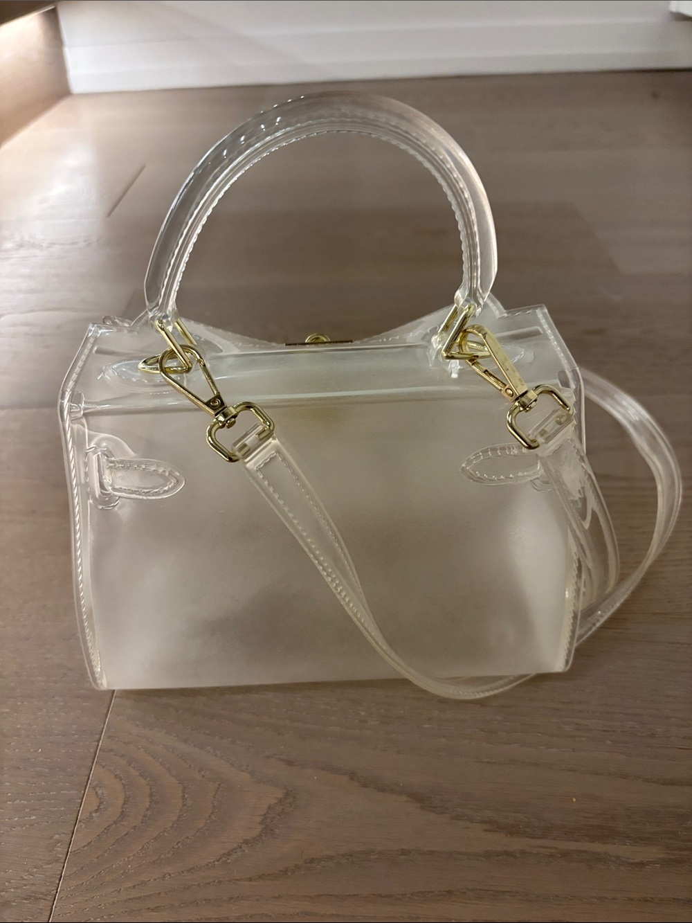Transparent Mini Top-Handle Bag with White Script & Gold Hardware - Picture 2 of 5